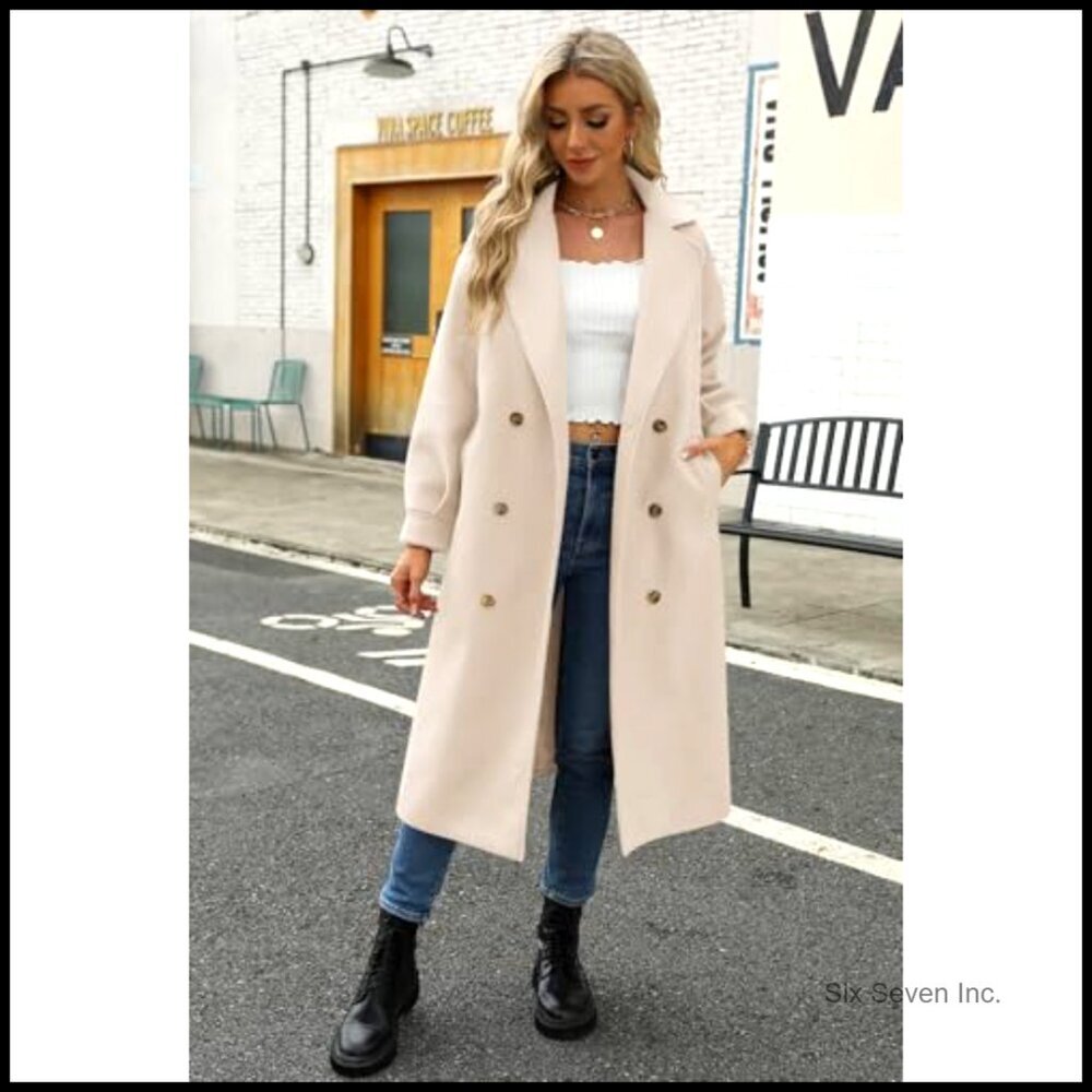 Wool Blend Pea Coat Double Breasted Notched Lapel Winter Overcoat - Picture 6 of 7